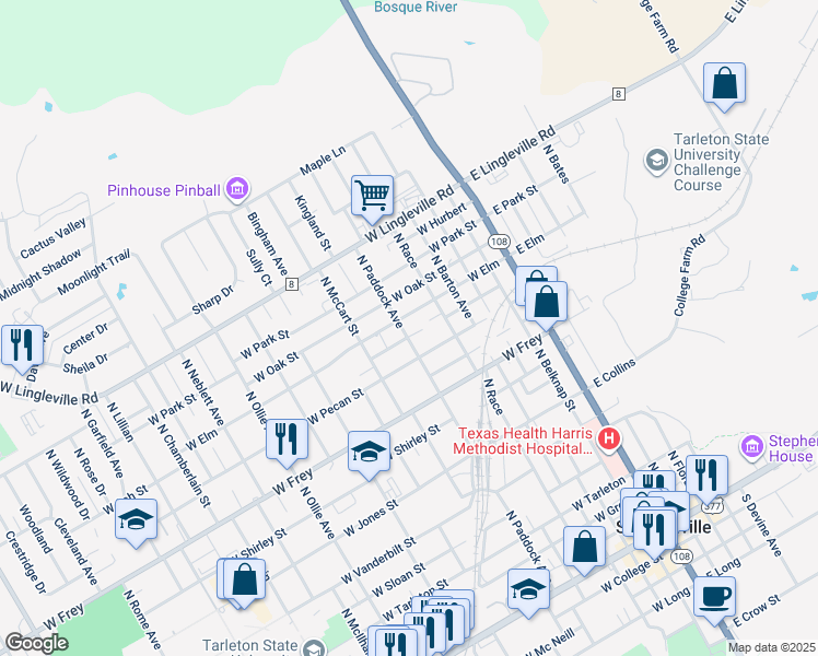 map of restaurants, bars, coffee shops, grocery stores, and more near 1255 North Paddock Avenue in Stephenville
