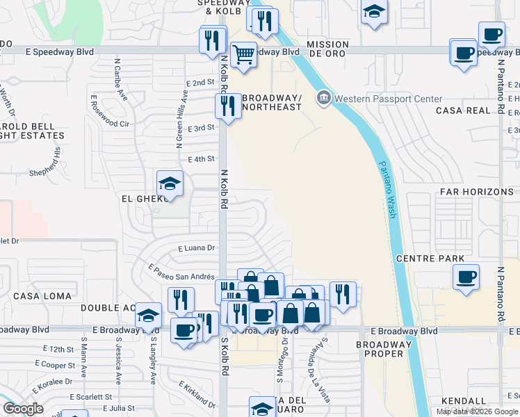 map of restaurants, bars, coffee shops, grocery stores, and more near 7233 East Flamenco Drive in Tucson