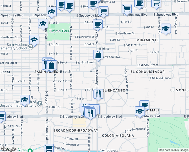 map of restaurants, bars, coffee shops, grocery stores, and more near 528 North Country Club Road in Tucson
