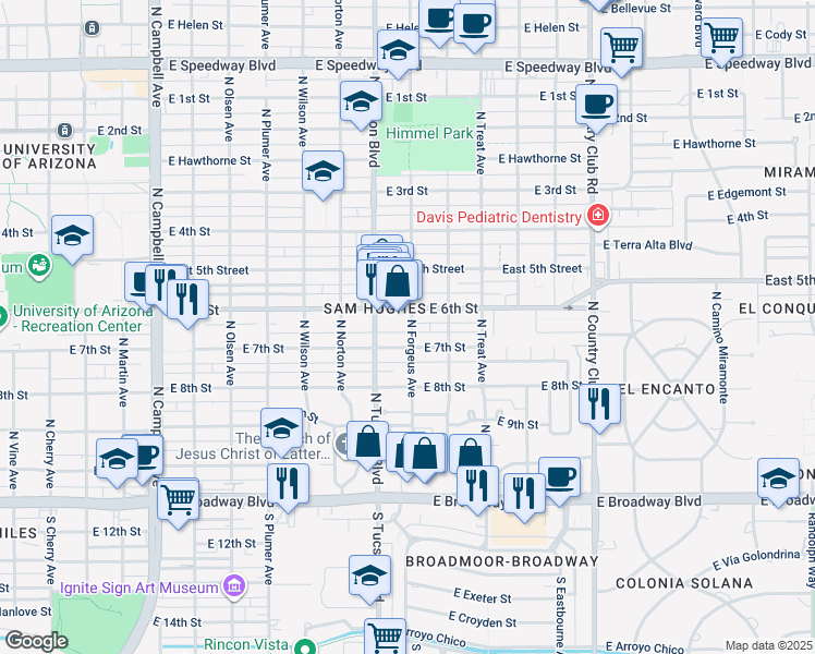 map of restaurants, bars, coffee shops, grocery stores, and more near 2540 East 6th Street in Tucson