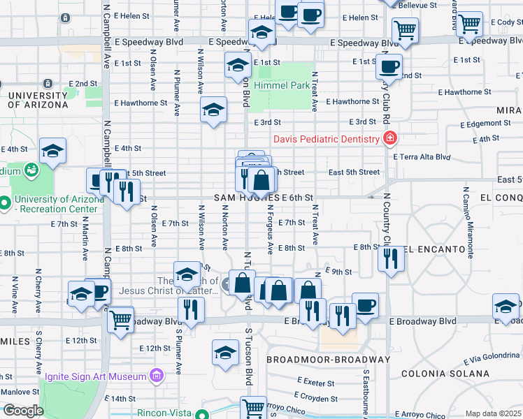 map of restaurants, bars, coffee shops, grocery stores, and more near 2540 East 6th Street in Tucson