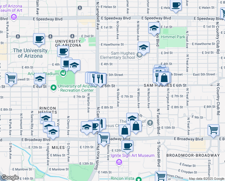 map of restaurants, bars, coffee shops, grocery stores, and more near 2038 East 6th Street in Tucson
