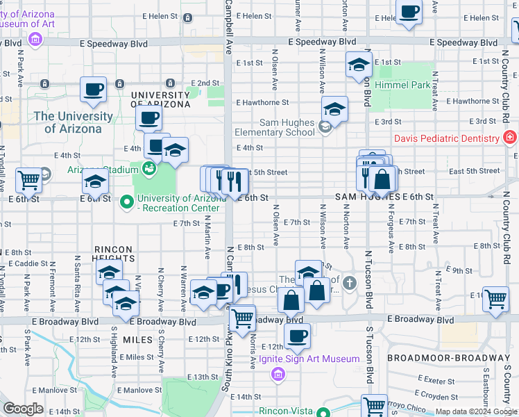 map of restaurants, bars, coffee shops, grocery stores, and more near 2038 East 6th Street in Tucson