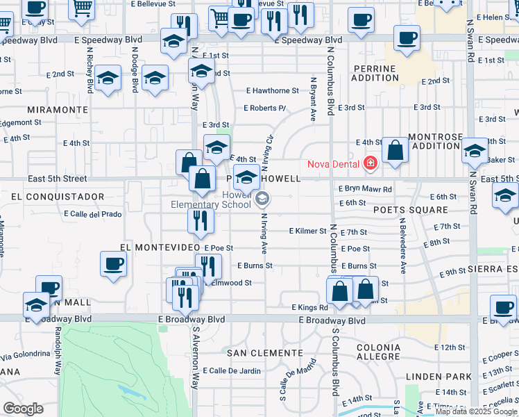 map of restaurants, bars, coffee shops, grocery stores, and more near 401 North Irving Avenue in Tucson