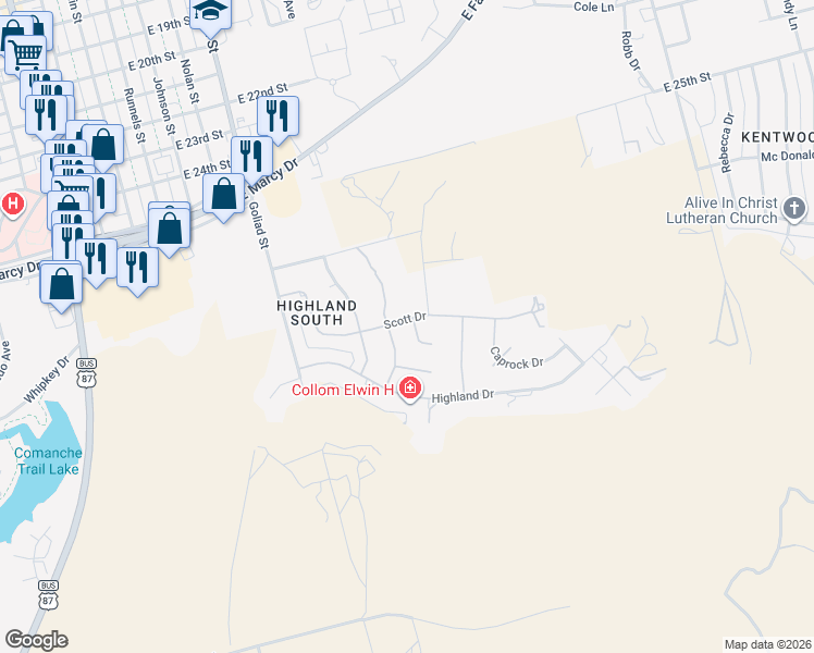 map of restaurants, bars, coffee shops, grocery stores, and more near 2-16 Glenwick Cove in Big Spring