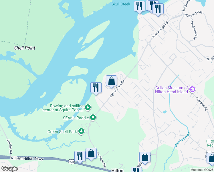 map of restaurants, bars, coffee shops, grocery stores, and more near 77 Bermuda Pointe Circle in Hilton Head Island