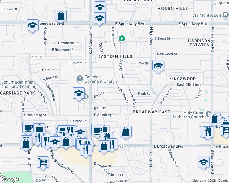 map of restaurants, bars, coffee shops, grocery stores, and more near 8841 East 6th Street in Tucson