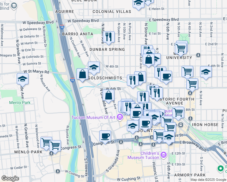 map of restaurants, bars, coffee shops, grocery stores, and more near 433 North Main Avenue in Tucson