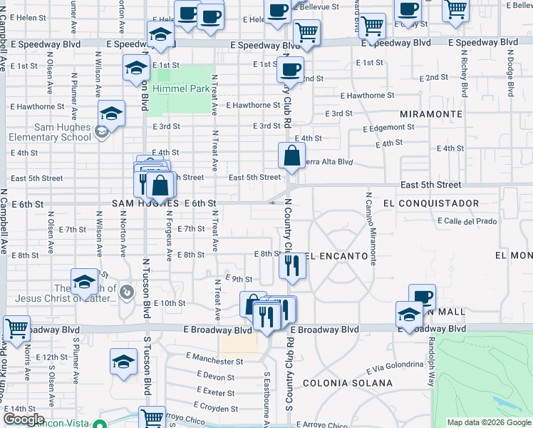 map of restaurants, bars, coffee shops, grocery stores, and more near 3020 East 6th Street in Tucson