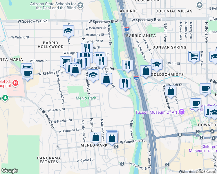 map of restaurants, bars, coffee shops, grocery stores, and more near 525 Bonita Ave in Tucson