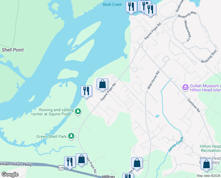 map of restaurants, bars, coffee shops, grocery stores, and more near Squire Pope Road in Hilton Head Island