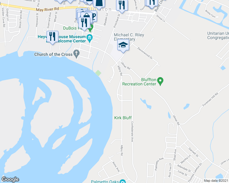 map of restaurants, bars, coffee shops, grocery stores, and more near 22 Castle Point Road in Bluffton