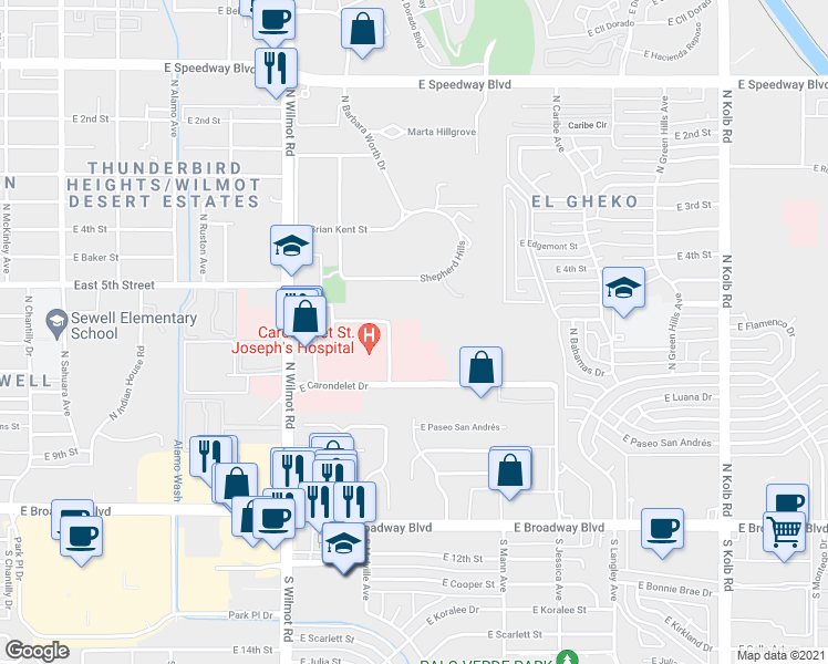 map of restaurants, bars, coffee shops, grocery stores, and more near 6575 E Carondelet Dr in Tucson