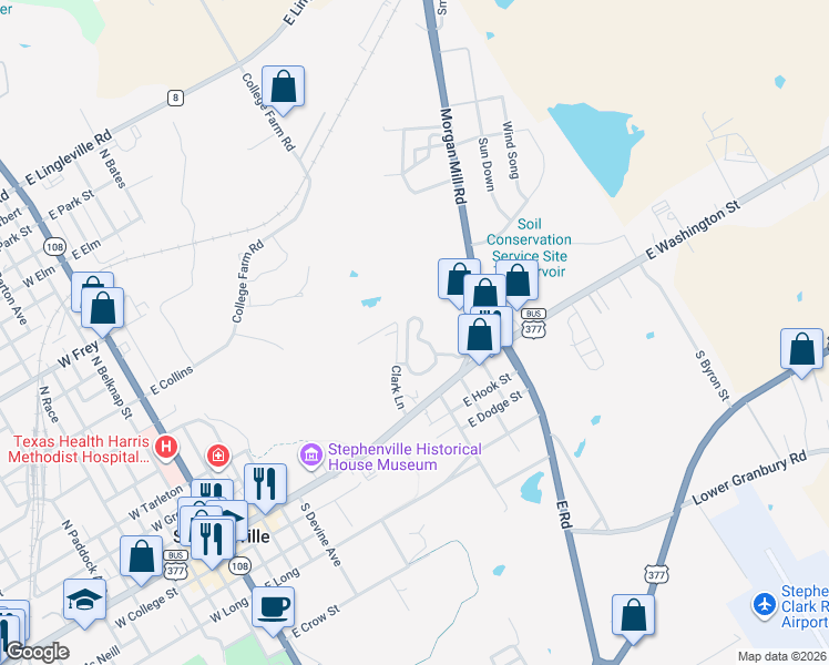 map of restaurants, bars, coffee shops, grocery stores, and more near 1001 East Washington Street in Stephenville
