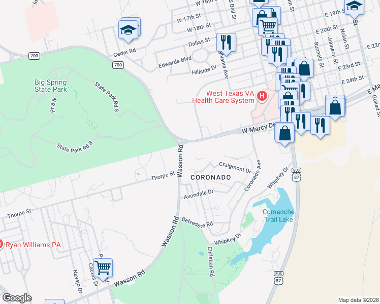 map of restaurants, bars, coffee shops, grocery stores, and more near 801 West Marcy Drive in Big Spring
