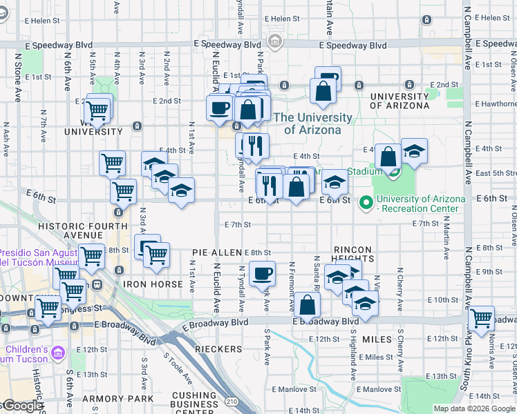 map of restaurants, bars, coffee shops, grocery stores, and more near in Tucson