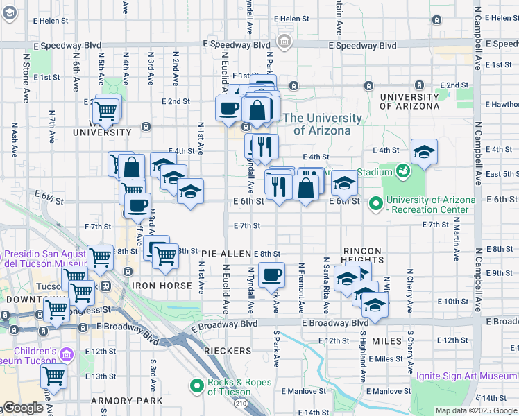 map of restaurants, bars, coffee shops, grocery stores, and more near 447 North Tyndall Avenue in Tucson
