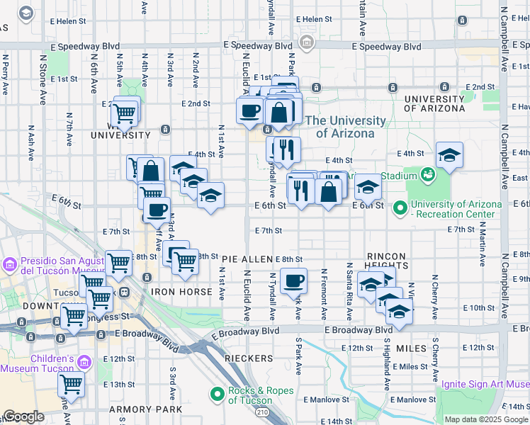 map of restaurants, bars, coffee shops, grocery stores, and more near 447 North Tyndall Avenue in Tucson