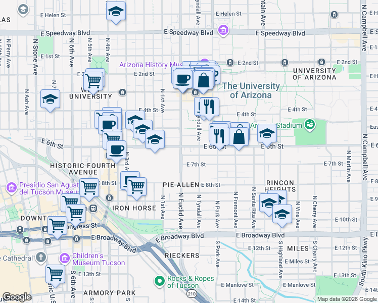 map of restaurants, bars, coffee shops, grocery stores, and more near in Tucson