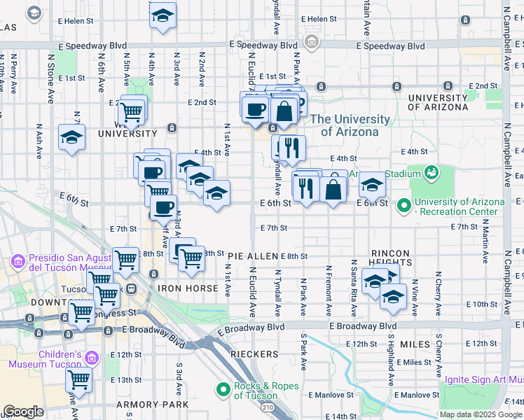 map of restaurants, bars, coffee shops, grocery stores, and more near in Tucson