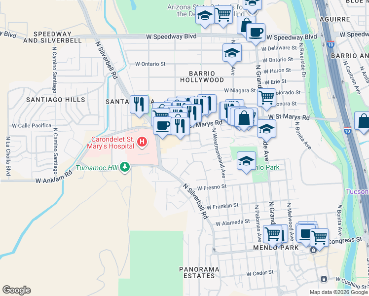 map of restaurants, bars, coffee shops, grocery stores, and more near 1533 West Saint Marys Road in Tucson