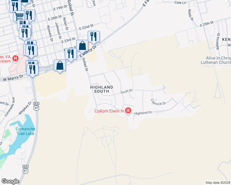 map of restaurants, bars, coffee shops, grocery stores, and more near 601 Scott Drive in Big Spring