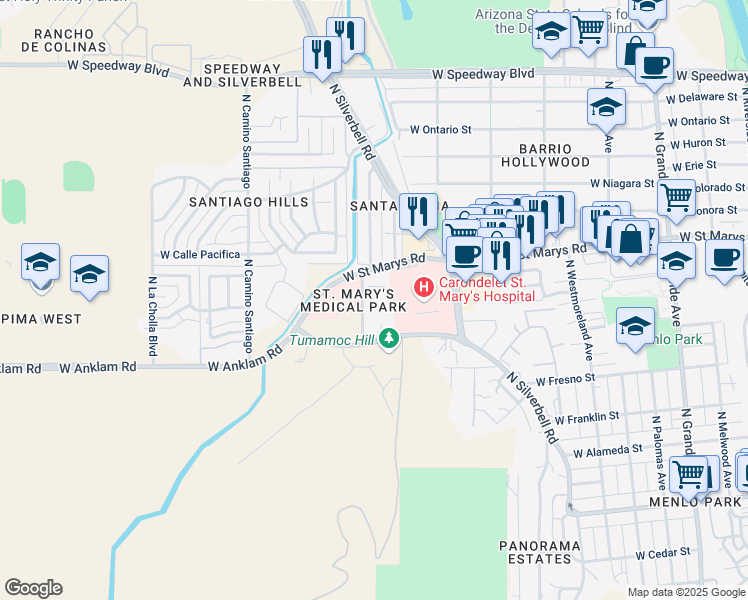 map of restaurants, bars, coffee shops, grocery stores, and more near 1707 West Saint Marys Road in Tucson