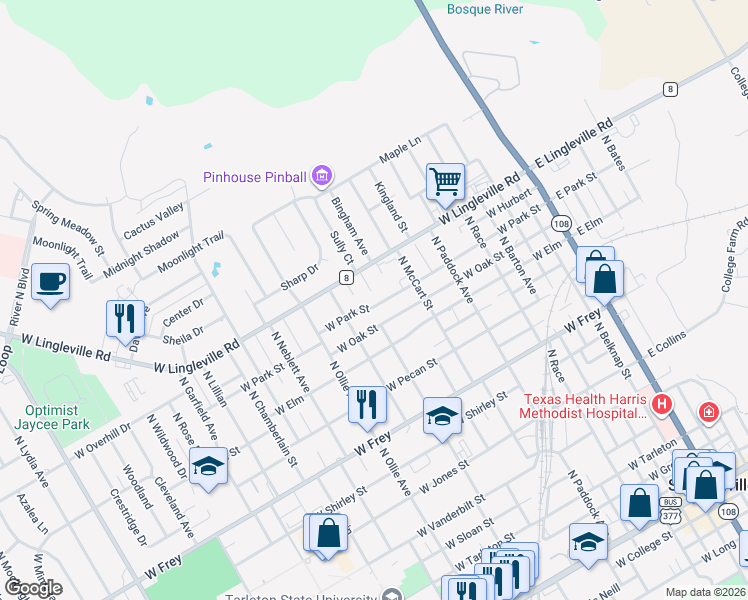 map of restaurants, bars, coffee shops, grocery stores, and more near 935 West Park Street in Stephenville