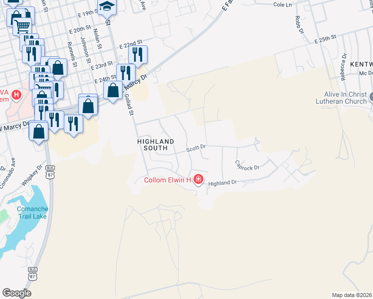 map of restaurants, bars, coffee shops, grocery stores, and more near 601-699 Scott Dr in Big Spring