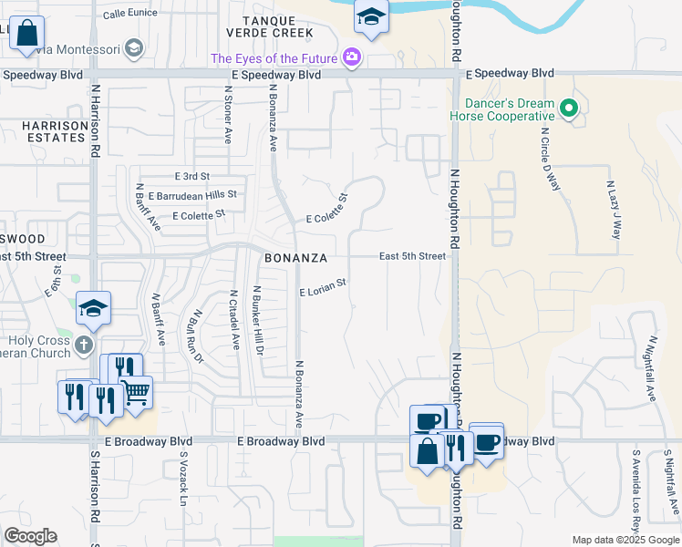 map of restaurants, bars, coffee shops, grocery stores, and more near 10057 East Lorian Street in Tucson