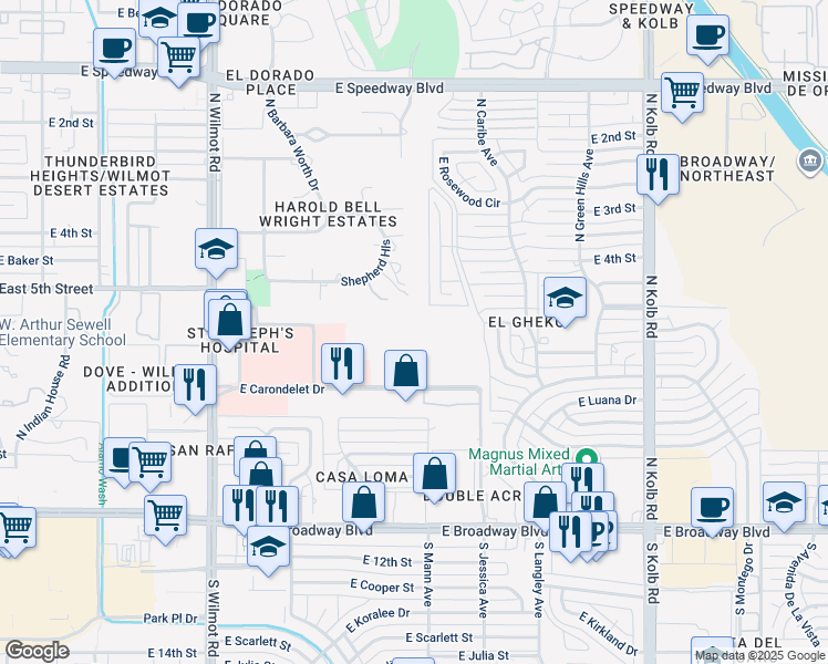 map of restaurants, bars, coffee shops, grocery stores, and more near 6653 East Carondelet Drive in Tucson