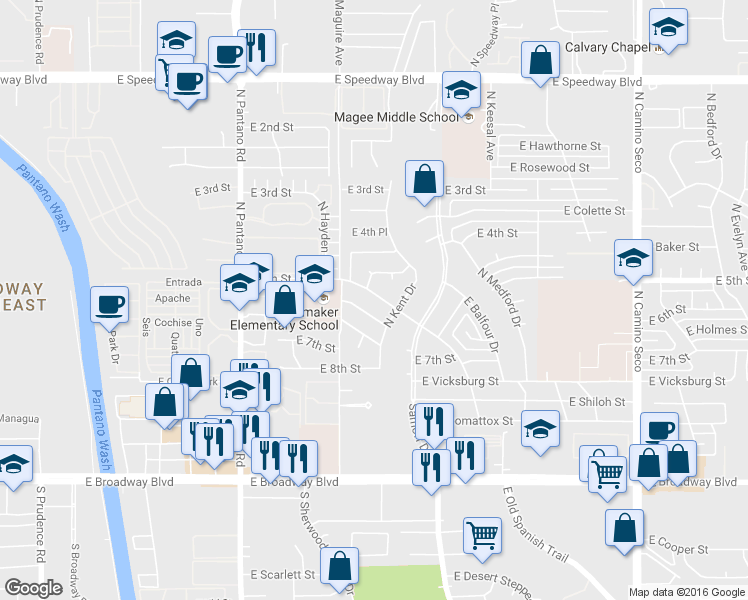 map of restaurants, bars, coffee shops, grocery stores, and more near 8142 E 5th St in Tucson