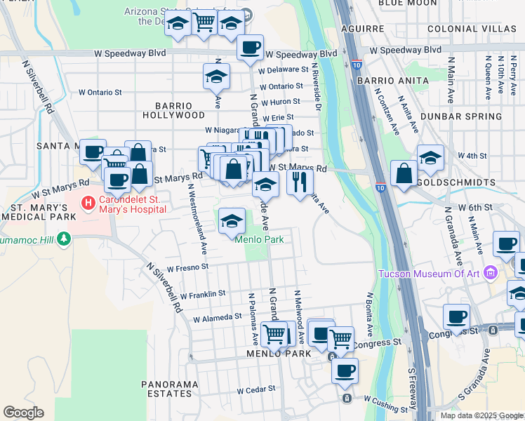 map of restaurants, bars, coffee shops, grocery stores, and more near 433 North Grande Avenue in Tucson