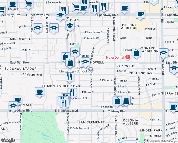 map of restaurants, bars, coffee shops, grocery stores, and more near 401 North Irving Avenue in Tucson