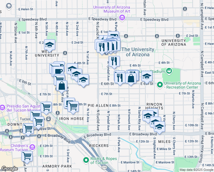 map of restaurants, bars, coffee shops, grocery stores, and more near 447 North Tyndall Avenue in Tucson