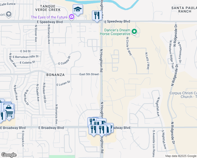 map of restaurants, bars, coffee shops, grocery stores, and more near 560 North Arcon Court East in Tucson