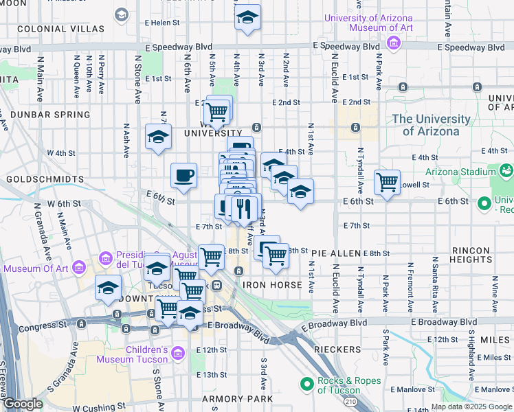 map of restaurants, bars, coffee shops, grocery stores, and more near 436 East 6th Street in Tucson