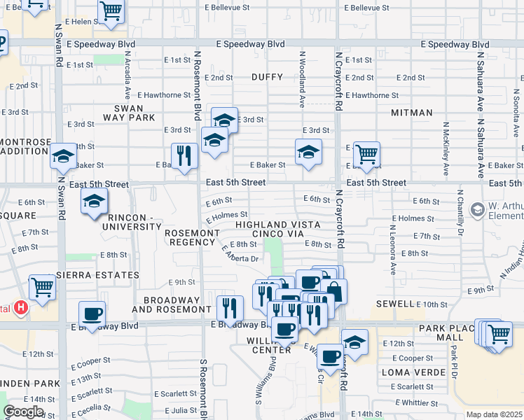 map of restaurants, bars, coffee shops, grocery stores, and more near 5247 East Holmes Street in Tucson