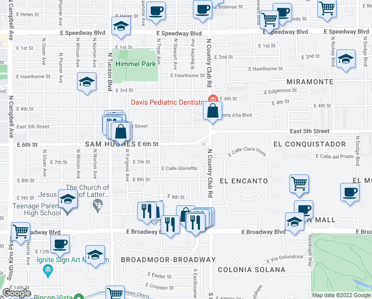 map of restaurants, bars, coffee shops, grocery stores, and more near 2820 East 6th Street in Tucson