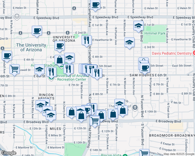 map of restaurants, bars, coffee shops, grocery stores, and more near 446 North Campbell Avenue in Tucson