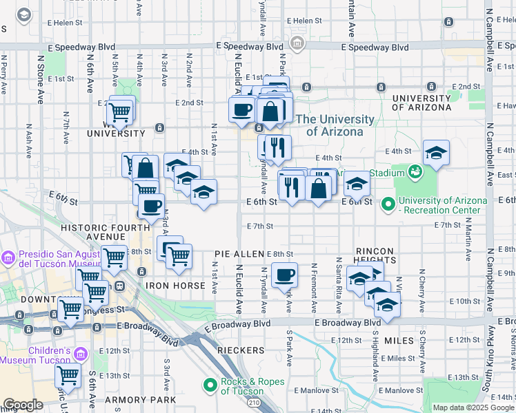 map of restaurants, bars, coffee shops, grocery stores, and more near 447 North Tyndall Avenue in Tucson