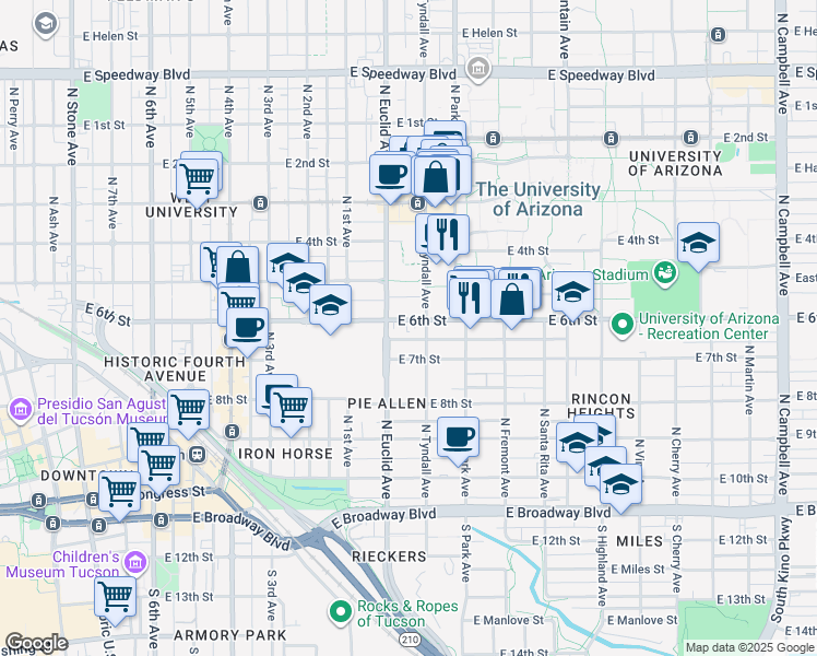 map of restaurants, bars, coffee shops, grocery stores, and more near 447 North Tyndall Avenue in Tucson