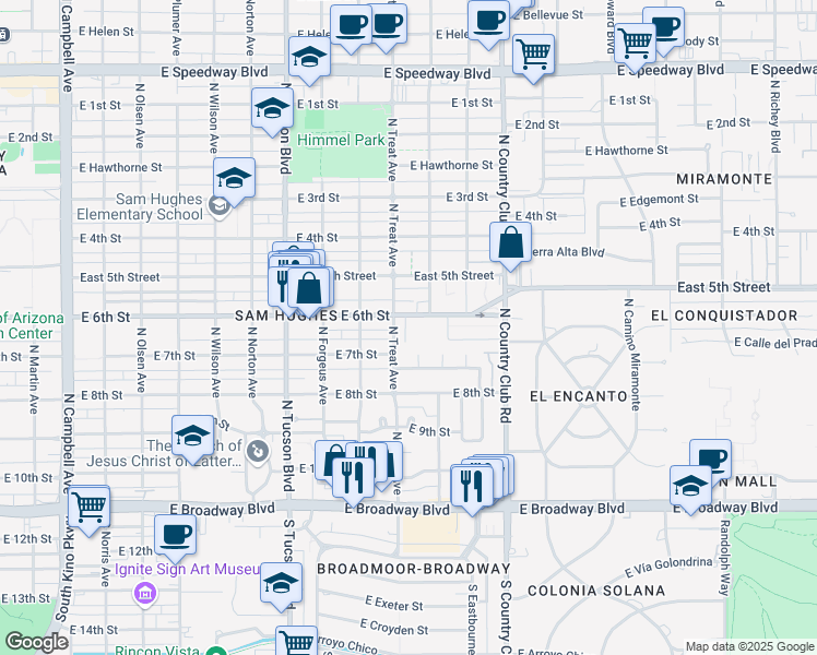 map of restaurants, bars, coffee shops, grocery stores, and more near 2820 East 6th Street in Tucson