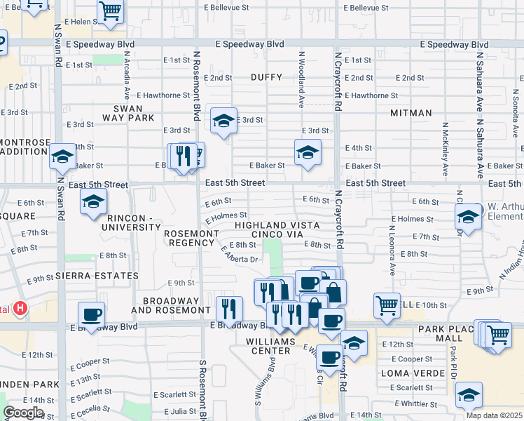 map of restaurants, bars, coffee shops, grocery stores, and more near 5247 E Holmes St in Tucson