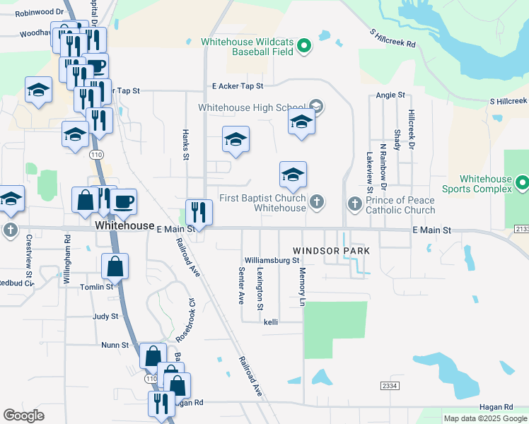 map of restaurants, bars, coffee shops, grocery stores, and more near 202 Parklane Drive in Whitehouse