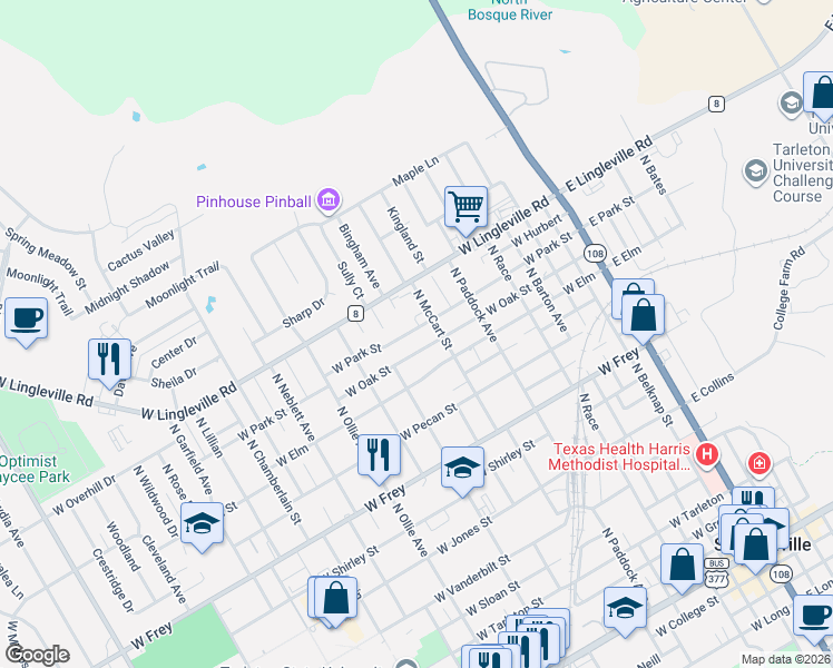map of restaurants, bars, coffee shops, grocery stores, and more near 888 West Park Street in Stephenville