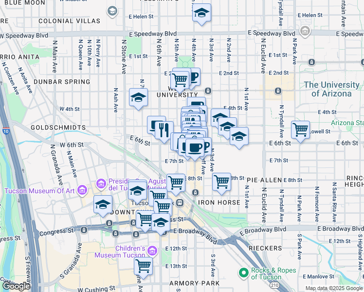 map of restaurants, bars, coffee shops, grocery stores, and more near 312 East 6th Street in Tucson