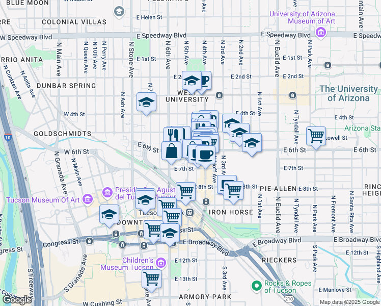 map of restaurants, bars, coffee shops, grocery stores, and more near 300 East 6th Street in Tucson
