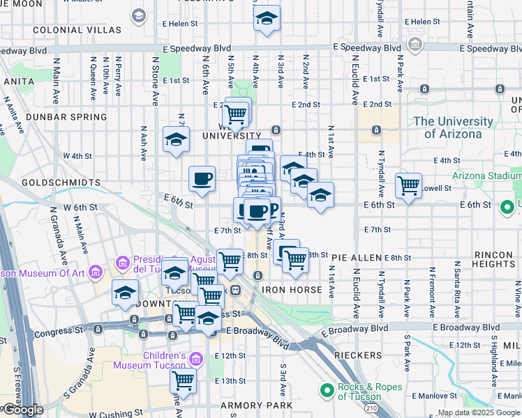 map of restaurants, bars, coffee shops, grocery stores, and more near 444 North 4th Avenue in Tucson