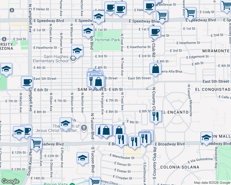 map of restaurants, bars, coffee shops, grocery stores, and more near 2648 East 6th Street in Tucson
